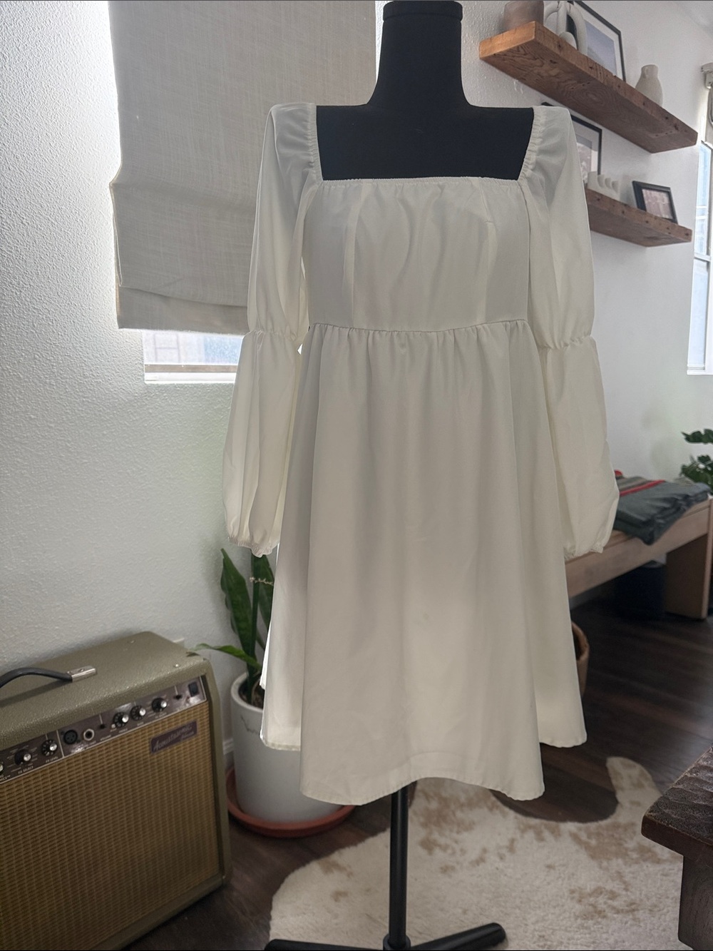 Classic White Long Sleeve Square Neck Dress